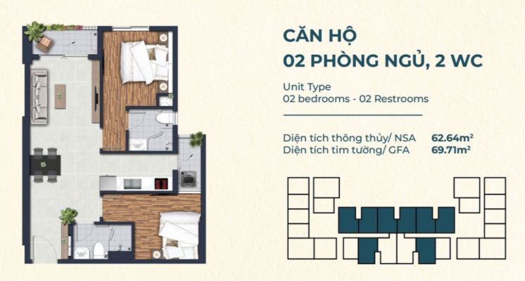 Căn hộ 2 phòng ngủ, 2WC tại The Maison