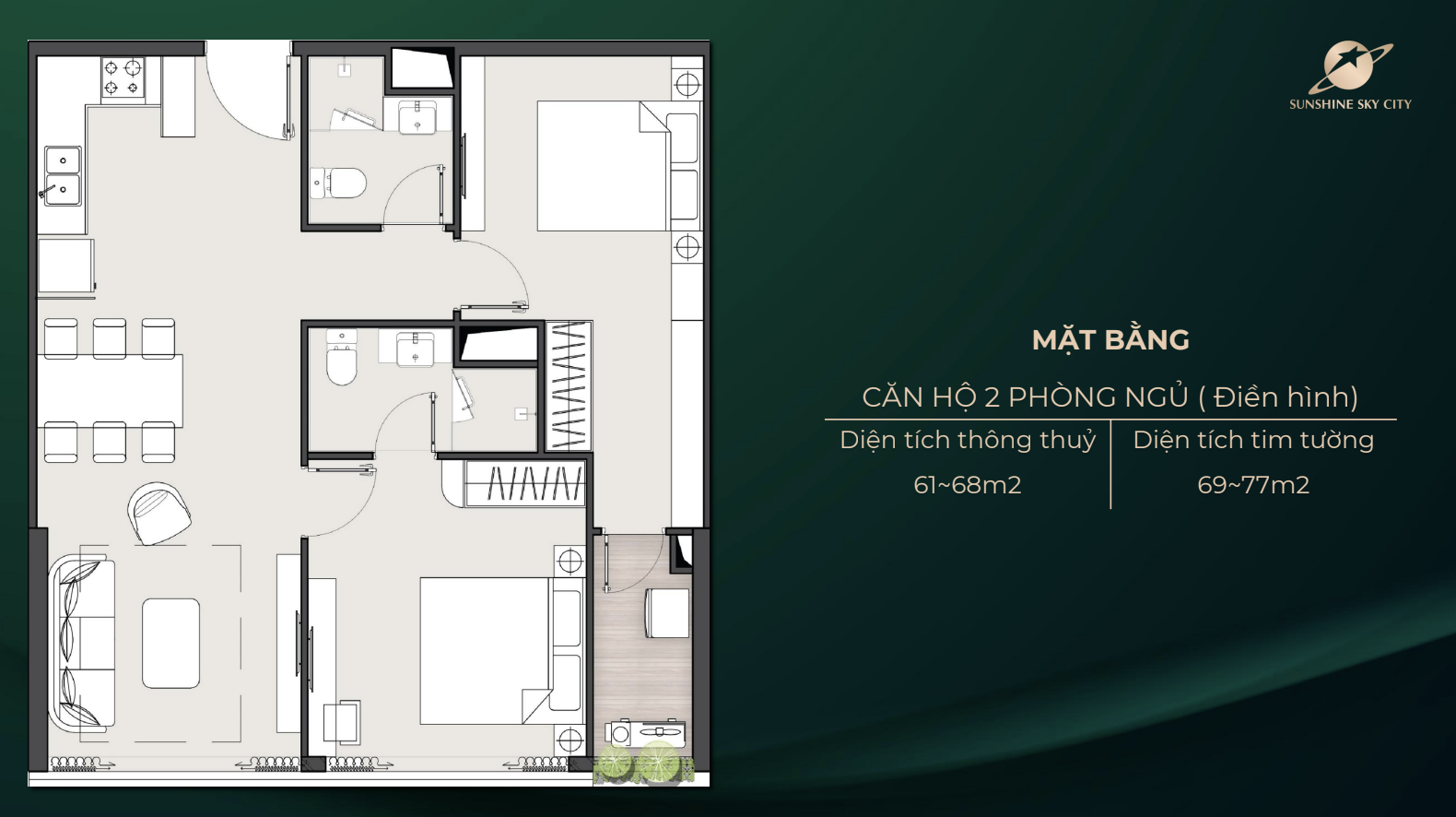 mặt bằng căn hộ 2PN Sunshine Sky City