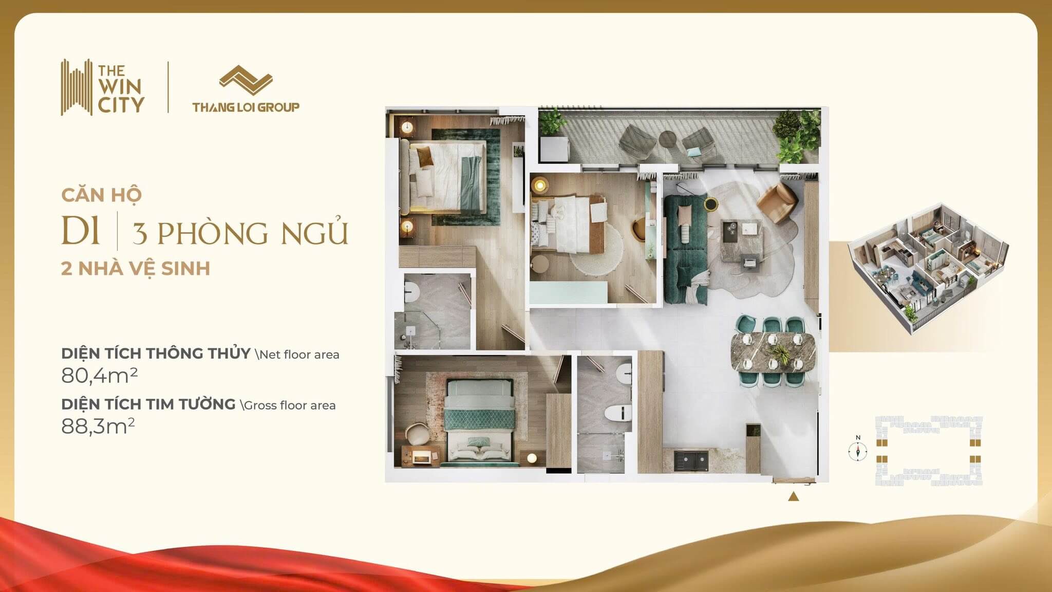 Căn hộ D1 - 3PN 2WC