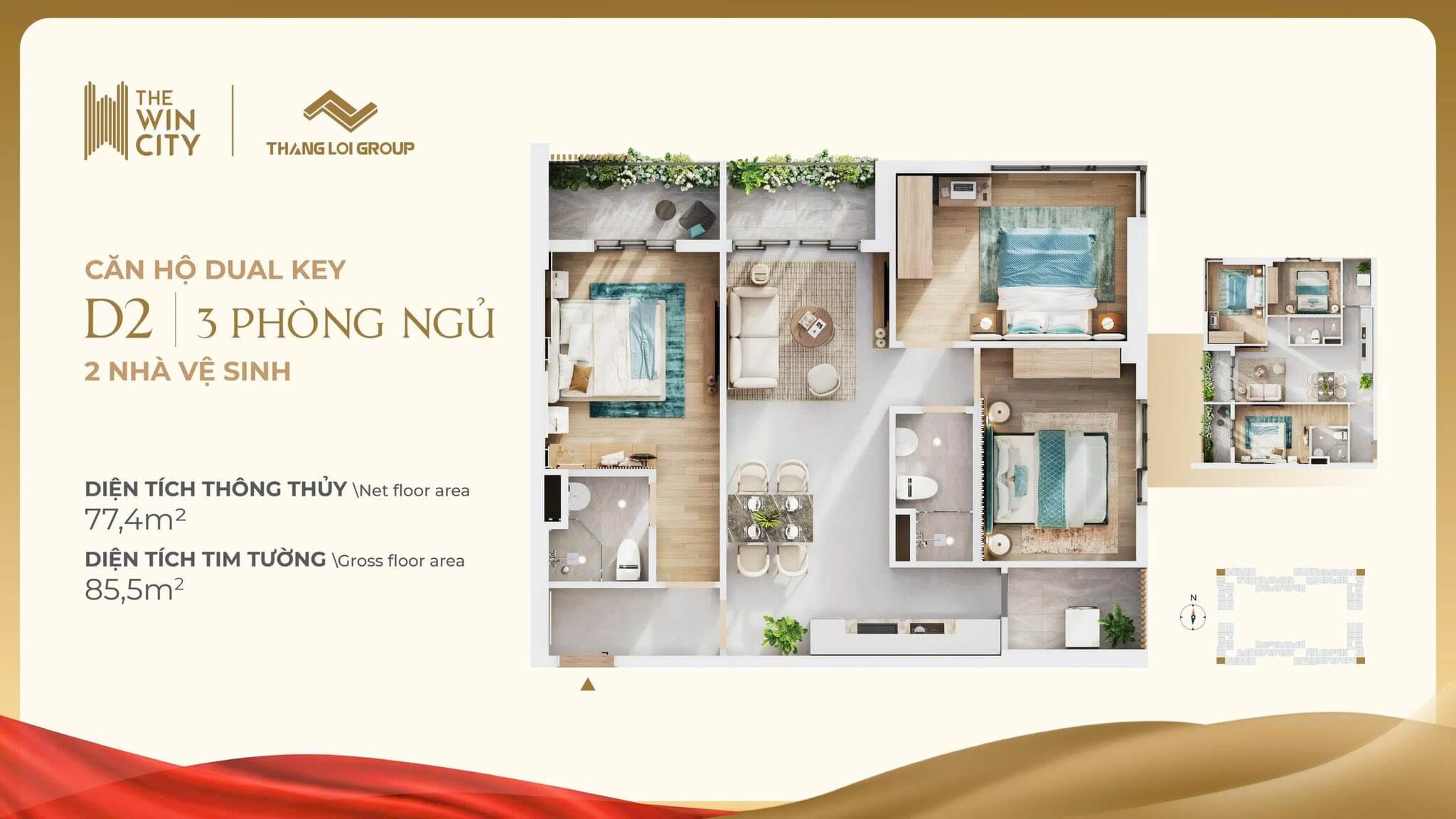 Căn hộ D2 - 3PN 2WC