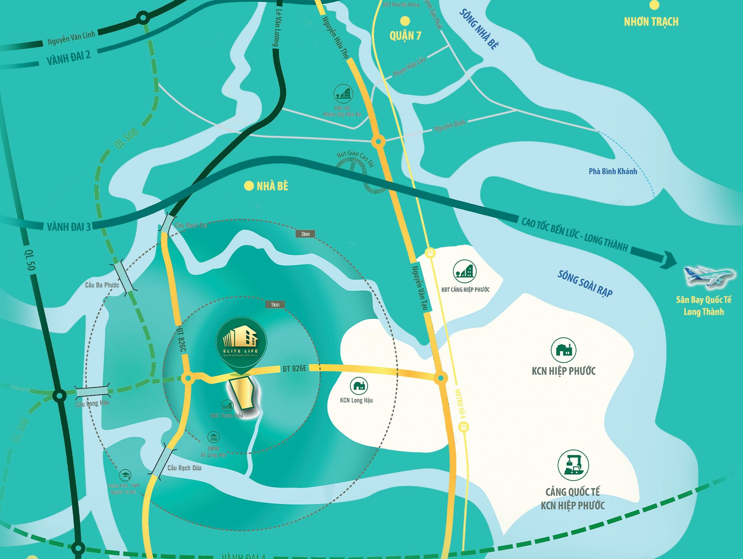 Sơ đồ kết nối giao thông chiến lược dự án Elite Life qua trục ĐT826E kết nối trực tiếp Nam Sài Gòn