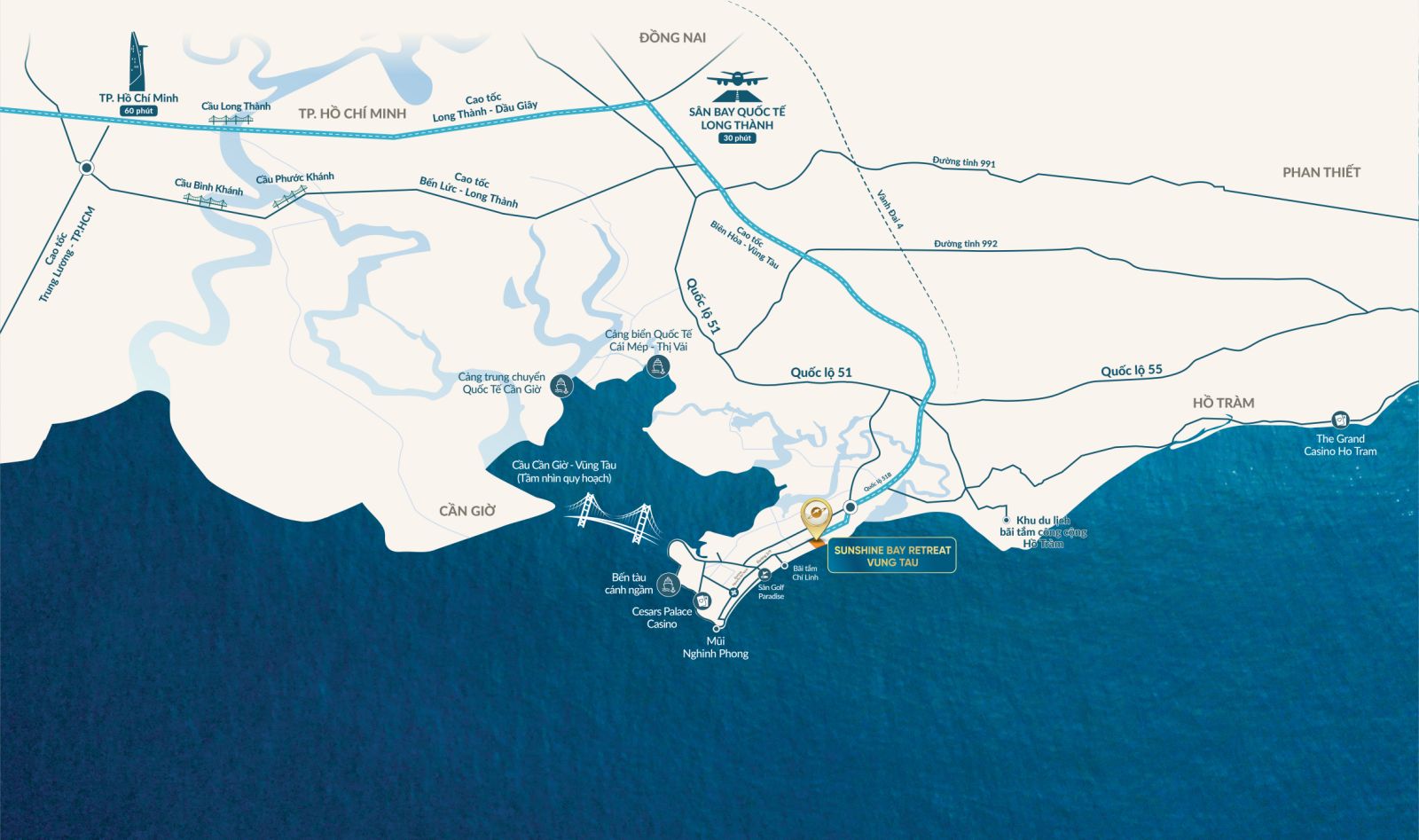 Sơ đồ kết nối liên vùng của Sunshine Bay Retreat giao thoa giữa các trục hạ tầng trọng điểm