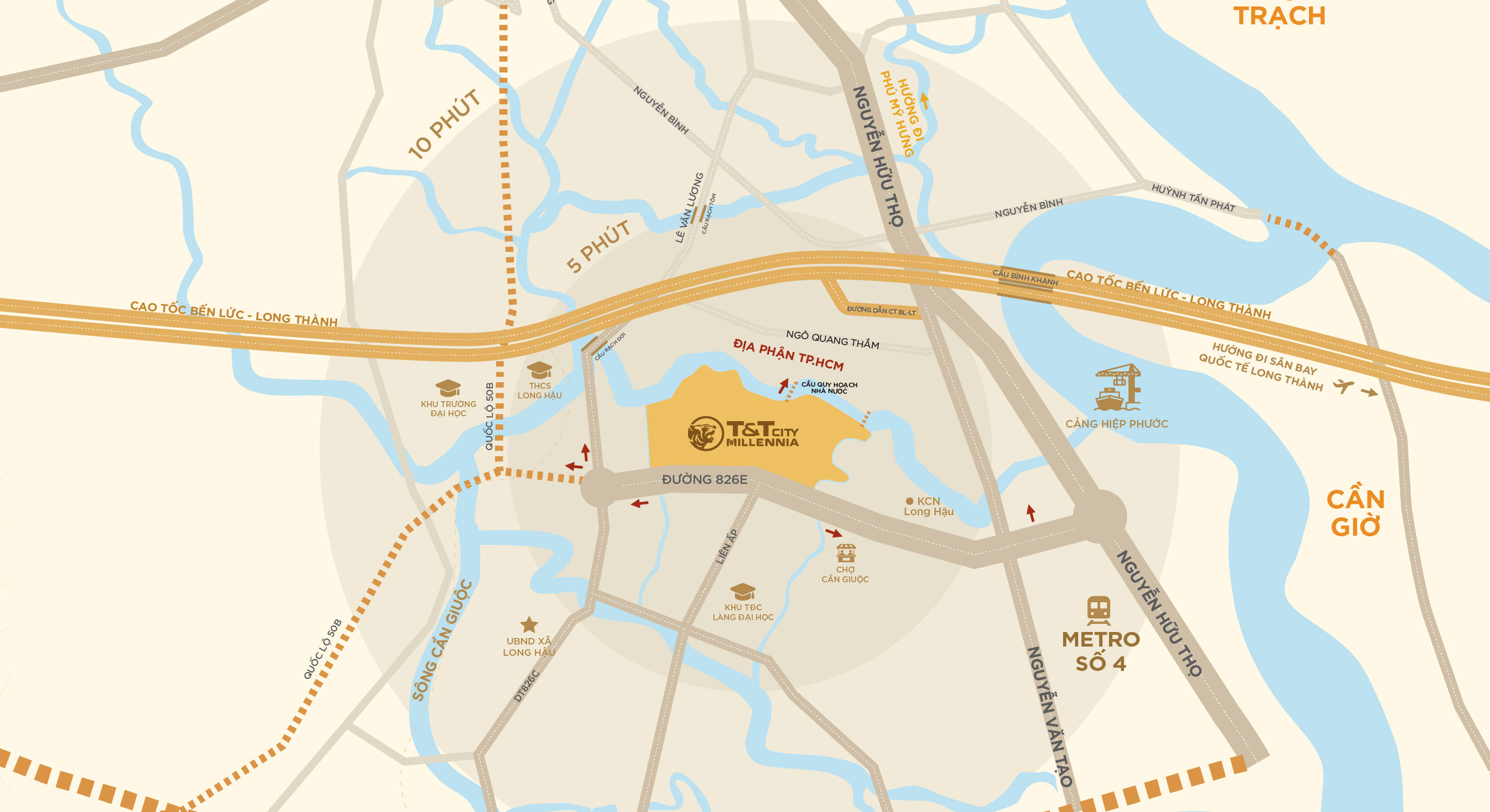 Chỉ 5-7 phút từ T&T City Millennia đến nút giao Nguyễn Văn Tạo – Cao tốc Bến Lức - Long Thành, mở ra hành trình thần tốc đến sân bay Quốc tế Long Thành chỉ trong 25 phút.