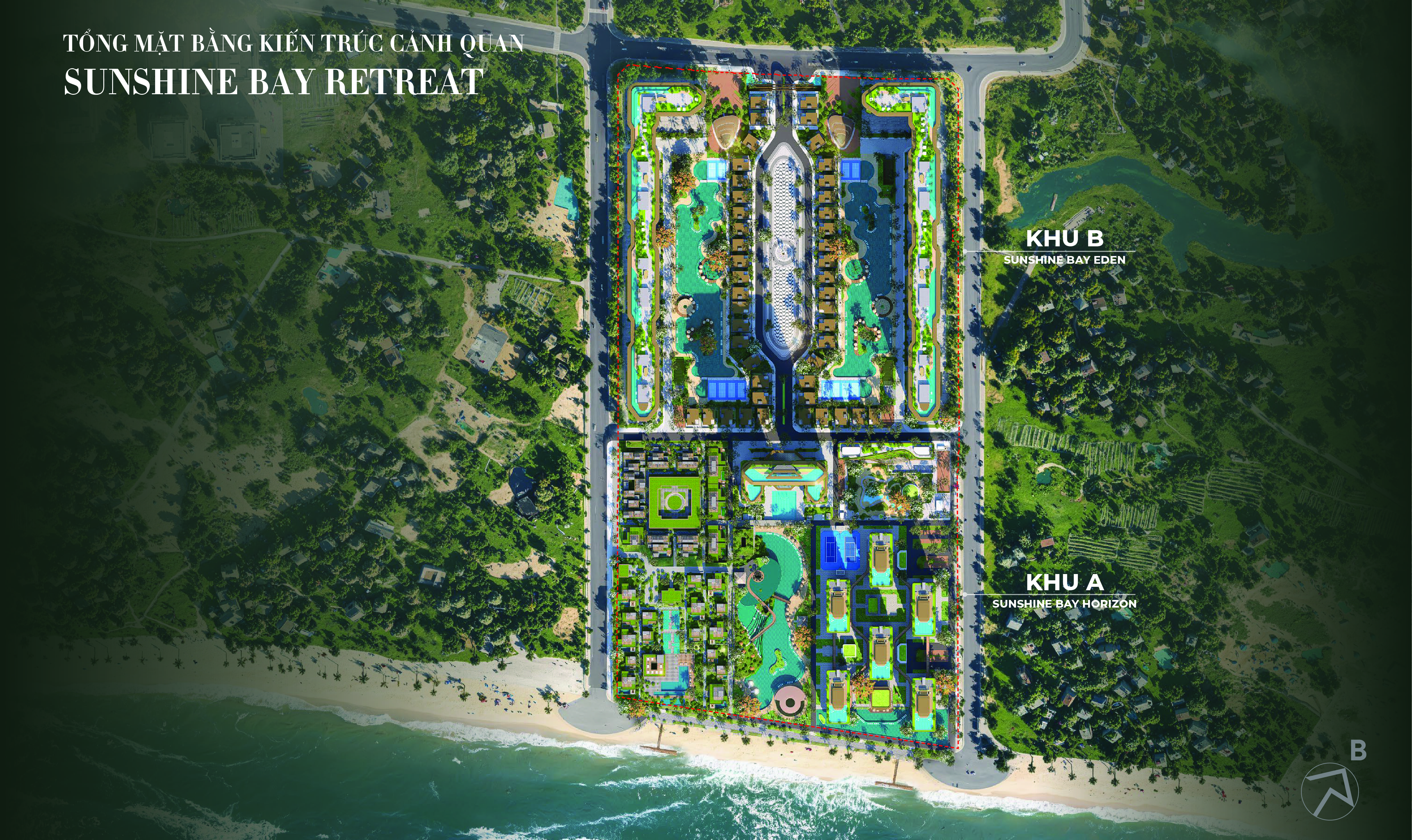 Quy hoạch tổng thể Sunshine Bay với mật độ xây dựng chỉ 25% ưu tiên diện tích cho hệ sinh thái mặt nước và cây xanh, đảm bảo chuẩn sống dưỡng lành (Retreat) giữa lòng đô thị biển.