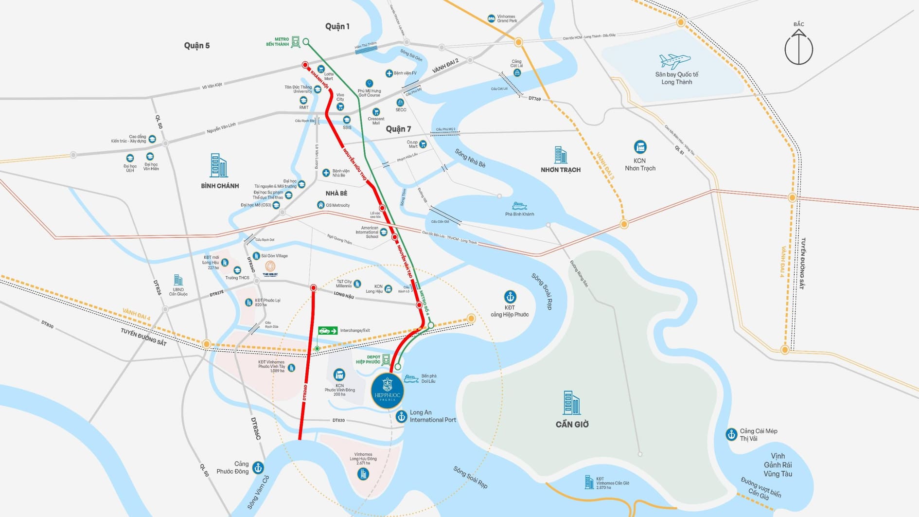 Bản đồ liên kết vùng cho thấy Hiệp Phước Premia là tâm điểm giao thoa của các trục hạ tầng huyết mạch: Vành đai 4 và Cao tốc Bến Lức – Long Thành.